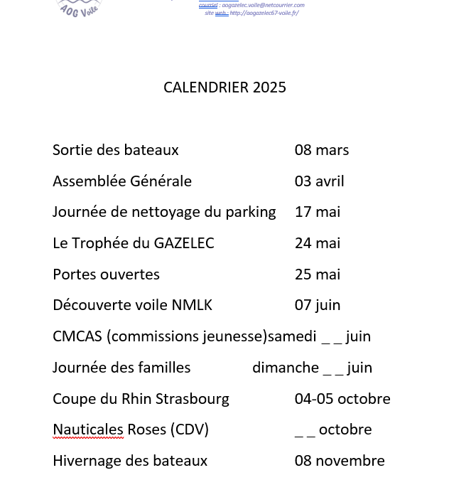 calendrier AOGVoile 2025