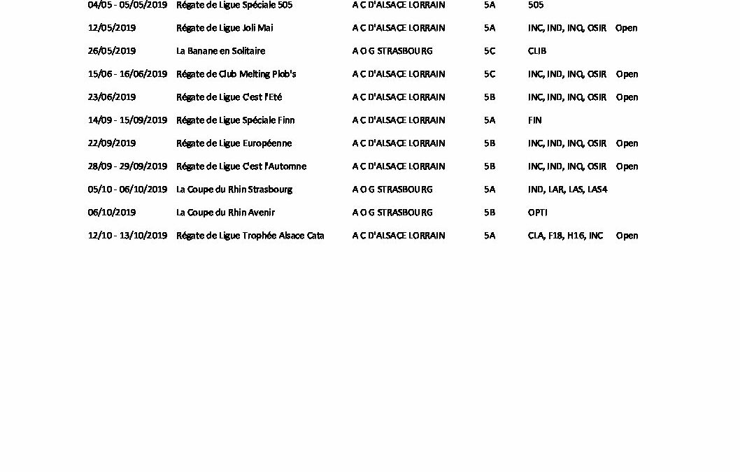 calendrier de la base 2019